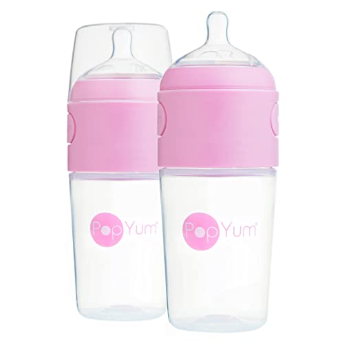PopYum 9 oz Pink Anti-Colic Formula Making Baby Bottles, 2-Pack | #2 Medium Flow Nipples, 260 ml, BPA-Free, Natural Latch, Mixing Dispenser - color: Pink, size: 9 Ounce (Pack of 2)