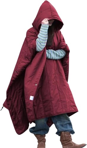 DUKUSEEK Outdoor Wearable Camping Blanket, Large Packable Backpacking Hooded Stadium Blankets, Lightweight Warm Quilt for Picnic, Hiking, Football, 79"X56", Wine Red - color: Wine Red - Wearable Camping Blanket