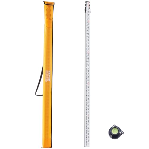 VEVOR Aluminum Grade 16-Feet/10ths 4 Sections Telescopic Measuring Rod, Double-Sided Scale 1/10ft Leveling Rod Stick with Bubble Level & Carrying Bag for Houses, Walls, Floors - size: 16 FT-10ths