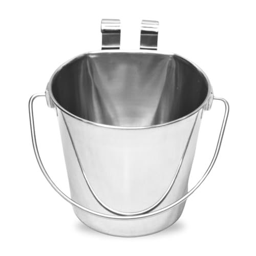 9 quart Stainless Steel Flat Sided Bucket with Dual Hooks | 2.25 gal Food & Water Bowl for XL Dog Goat Sheep Cattle Horse & Livestock | Fits kennel Crate Cages Farm | Hanging Utility Pail - size: 9 Quart