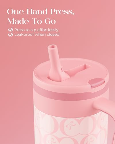 40 oz Insulated Tumbler with Handle and Push-Button Straw Lid, Stainless Steel Travel Cup for Gym Office, Leakproof, BPA-Free, Cup Holder Friendly, Bow Silicone Boot, Pink (C’ Blush) - color: C’ Blush