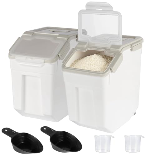 Rice Storage Container 25 lbs, Grey, 2 Pack | Airtight, with Wheels, Locking Lid, Measuring Cup Included, for Flour Sugar Grain Cereal - color: Grey, size: 25lbs