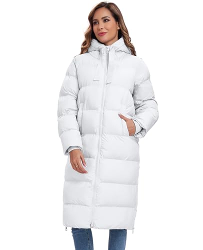 HOTIAN Womens Winter Maxi Long Puffer Coat Thicken Hooded Down Quilted Padded Jacket Winter Warm Outerwear - color: White, size: X-Large