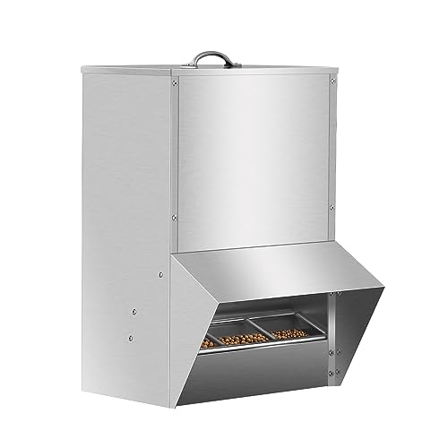 Galvanized Chicken Feeder No Waste, 30LBS Poultry Feeders Silver, Rat Proof Hanging Chicken Feeder with Lid, Weatherproof Outdoor Coop Food Dispenser