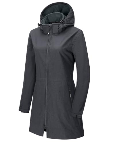 Outdoor Ventures Women's Softshell Jacket with Removable Hood Fleece Lined Windbreaker Insulated Long Warm Rain Jacket - color: Dark Grey Heather, size: 4X-Large