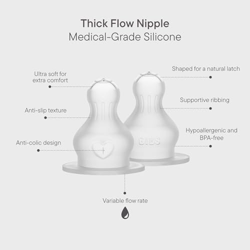 BIBS Baby Bottle Silicone Nipple 2 Pack - Anti-Colic, BPA-Free, Round Silicone Nipple, Thick Flow, Lightweight & Easy to Clean, Suitable for Newborns & Toddlers - color: Thick Flow | Silicone