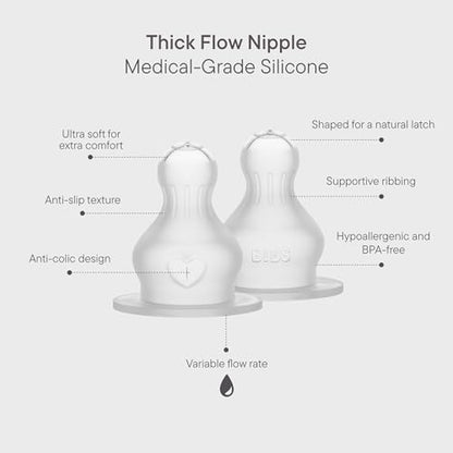 BIBS Baby Bottle Silicone Nipple 2 Pack - Anti-Colic, BPA-Free, Round Silicone Nipple, Thick Flow, Lightweight & Easy to Clean, Suitable for Newborns & Toddlers - color: Thick Flow | Silicone