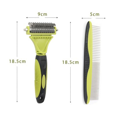 2-in-1 Pet Grooming Brush & Undercoat Rake, Double-Sided Hurtless Dematting Comb for Dogs & Cats, Universal Detangling, Shedding & Slicker Brush, Pet Grooming Tool for Removing Old Hair (Green)