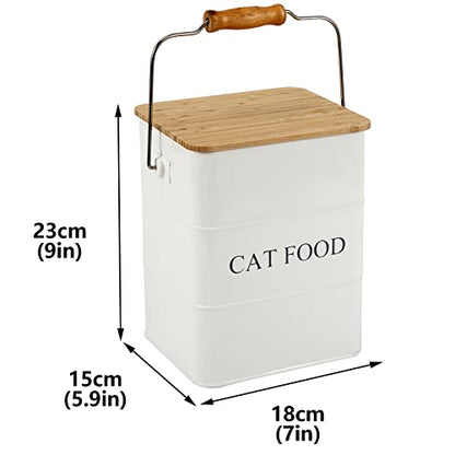 Morezi Cat Food Storage Container Storage bin with Wooden lid Scoop Included White Metal cat Food Container in Kitchen countertop - color: Cat Food Wood Lid white