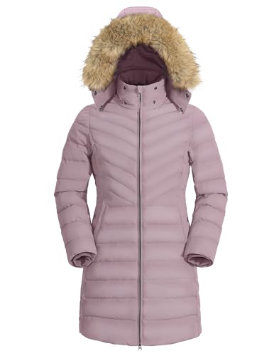 Pioneer Camp Women's Winter Coats Warm Thicken Long Puffer Jacket Waterproof Quilted Parka with Removable Faux Fur Hood - color: Pink Haze, size: Large