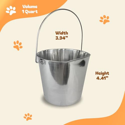 1 Quart Heavy Duty Stainless Steel Flat Side Bucket | Durable Food & Water Pail for Dogs, Cats, Kennels, Cages and Critter Crates | Multi-Purpose Bucket - size: 1 Quart - Not Hooked