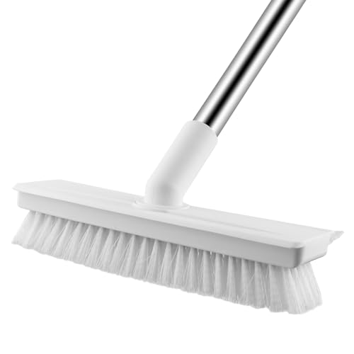 Floor Scrub Brush with Long Handle, 2 in 1 Scrape Brush Stiff Bristle Floor Scrubber for Cleaning Shower Bathroom Garage Kitchen Wall Deck Tub Tile, White