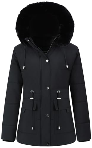 MOERDENG Women's Warm Winter Puffer Coat Thicken Fleece Lined Down Jacket Faux Fur Detachable Hood Snow Parka - color: Black, size: XX-Large