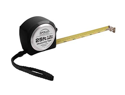 Apollo Tools Measuring Tape, 25 Foot Tape Measure with Retractable Blade, Fraction Markings, 1 Inch Nylon Blade, 8 Foot Standout, Lock Button and Belt Clip - Black - DT5002 - color: Black