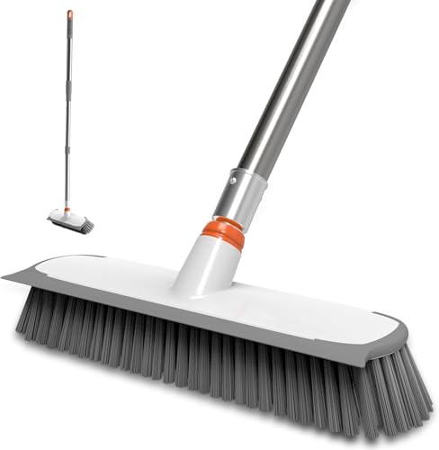ITTAR Floor Scrub Brush with Long Handle, 12" Wide 2-in-1 Deck Brush and Squeegee with 55" Stainless Steel Pole, Heavy-Duty Stiff Bristles for Shower, Tile, Garage, Patio & Kitchen-Orange - color: Orange&white