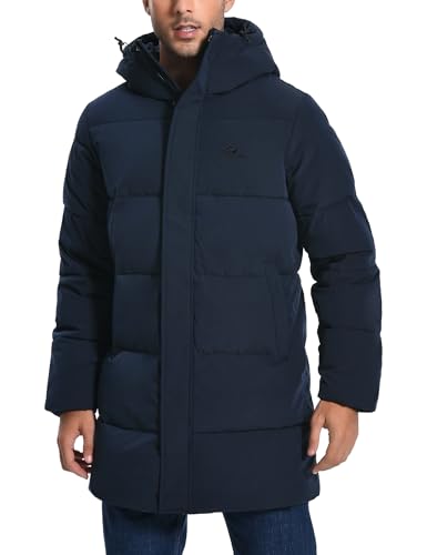 Pioneer Camp Mens Long Winter Coat Hooded Waterproof Insulated Puffer Jacket Thicken Puffy Warm Down Windbreaker Parka - color: Navy, size: Large