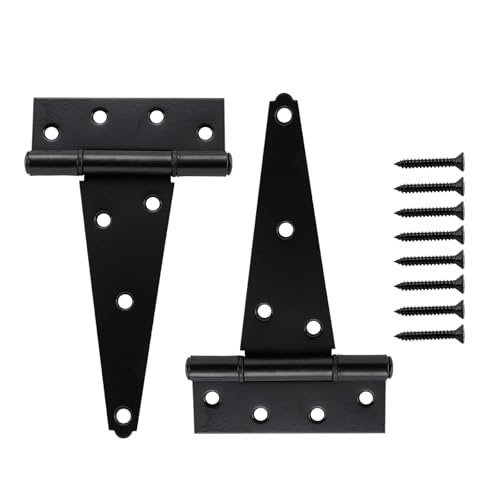 HOME MASTER HARDWARE 6 Inch T-Strap Heavy Duty Shed Door Hinges, Black Tee Hinge for Wooden Fences,Yard Door, Barn Door Gates, Rustproof Wrought Iron with Screws, 2 Pack - size: 6 in-2 Pack