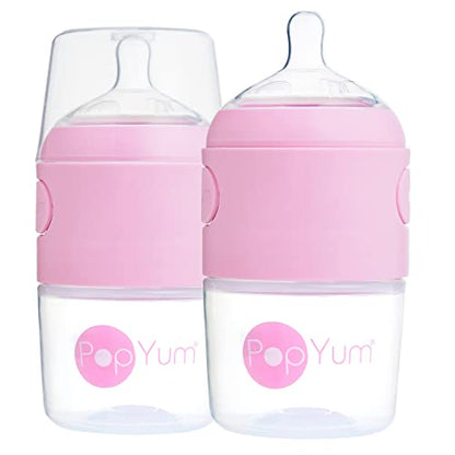 PopYum 5 oz Pink Anti-Colic Formula Making Baby Bottles, 2-Pack | #1 Slow Flow Nipples, 150 ml, BPA-Free, Natural Latch, Mixing Dispenser - color: Pink, size: 5 Ounce (Pack of 2)