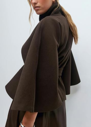 CHARTOU Women Batwing Sleeve Ponchos Pea Coat Wool Stand Collar Belt Capes Jacket Winter Cropped Overcoat - color: Coffee, size: Large