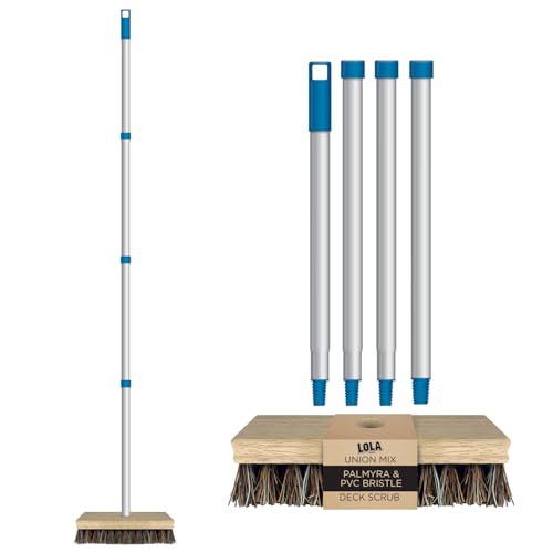 LOLA Deck Scrub Brush, 9" x 3.5" Head w/Palmyra & PVC Bristles for Outdoor Cleaning, Removes Dirt & Grime from Patios, Decks, Grout, 1 CT - size: 1 Count, style: Palmyra & PVC Deck Broom -Steel Handle