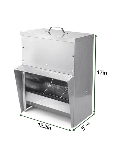 vensovo Galvanized Chicken Feeder - 25Lbs Outdoor Waterproof Metal Feeder with Lid, Coop Food Dispenser No Waste for Chicken, Haning or Stand