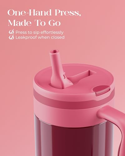 40 oz Insulated Tumbler with Handle and Push-Button Straw Lid, Stainless Steel Travel Cup for Gym Office, Leakproof, BPA-Free, Cup Holder Friendly, Bow Silicone Boot, Red (Wine Burgundy) - color: Wine Burgundy