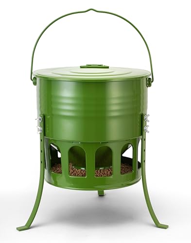 Tgeyd Metal Bucket Chicken Feeder, 20LB Large Capacity Poultry Feeder with 12 Feeding Ports & Dual-Cone No-Waste Design, Adjustable Height & Foldable for Storage, Rust-Proof for Chickens, Ducks, Quail | Organometallic coating