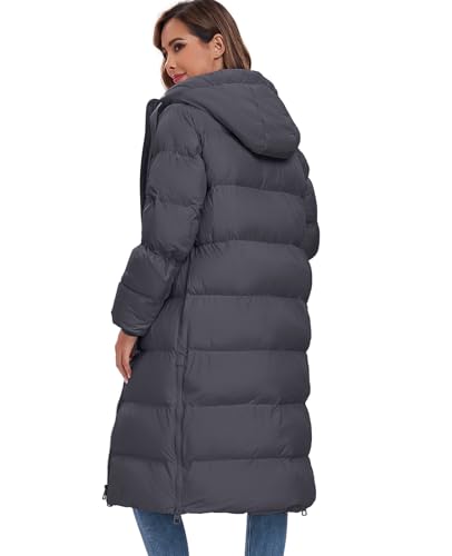 HOTIAN Womens Winter Maxi Long Puffer Coat Thicken Hooded Down Quilted Padded Jacket Winter Warm Outerwear - color: Grey, size: Medium