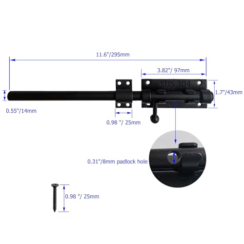 12 Inch Barrel Bolt Latch, 304 Stainless Steel Heavy Duty Gate Latch Slide Lock with Padlock Hole, 14mm Dia.Rod Security Sliding Bolt Gate Latch for Wooden Fence, Door Latch - Black - size: 12 Inch - Black