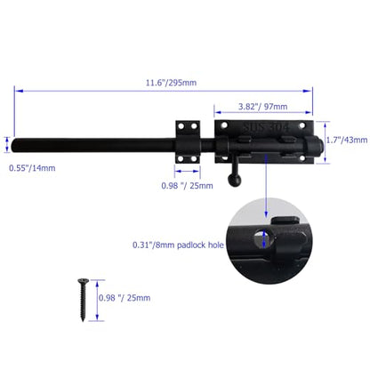 12 Inch Barrel Bolt Latch, 304 Stainless Steel Heavy Duty Gate Latch Slide Lock with Padlock Hole, 14mm Dia.Rod Security Sliding Bolt Gate Latch for Wooden Fence, Door Latch - Black - size: 12 Inch - Black
