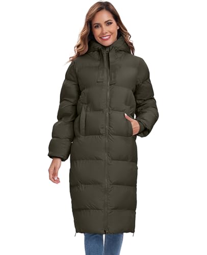 HOTIAN Womens Winter Maxi Long Puffer Coat Thicken Hooded Down Quilted Padded Jacket Winter Warm Outerwear - color: Army Green, size: X-Large