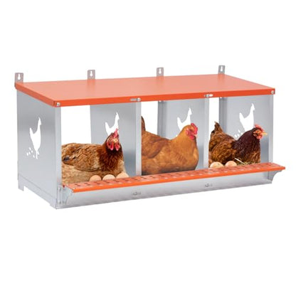 3-Bay Metal Nest Box-Wall Mount for Hens/Ducks - Orange+Silver - Vented Galvanized Steel - Outdoor Coop - Durable Egg Collection