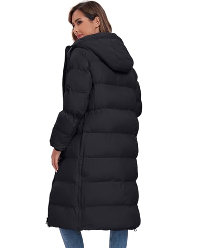 HOTIAN Womens Winter Maxi Long Puffer Coat Thicken Hooded Down Quilted Padded Jacket Winter Warm Outerwear - color: Black, size: Small