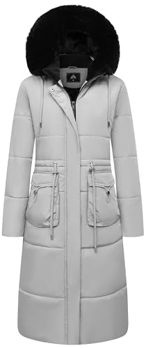 MOERDENG Women's Long Winter Puffer Coat Waterproof Warm Maxi Down Jacket Faux Fur Removable Hood Parka - color: Light Grey, size: Large