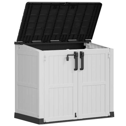 LHBcraft 36 Cu Ft Outdoor Storage Cabinet, Horizontal Resin Storage Shed Box for Backyards, Patios, Portable Waterproof Outdoor Storage Box with Lockable Doors, Ashen - color: Ashen, size: 29.1"×51.1"×43.3"