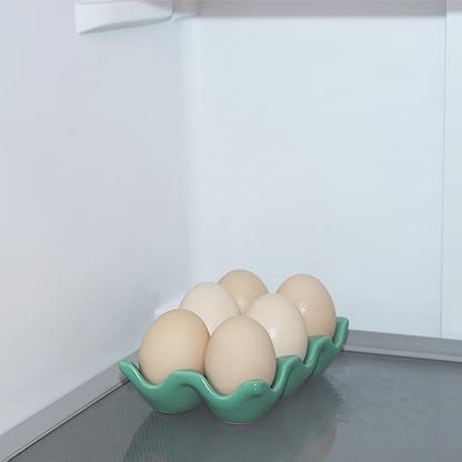 Ceramic Egg Holder Egg Tray Porcelain Fresh Egg Holder for Fridge Countertop Kitchen Storage Half Dozen 6 Cups - color: Green