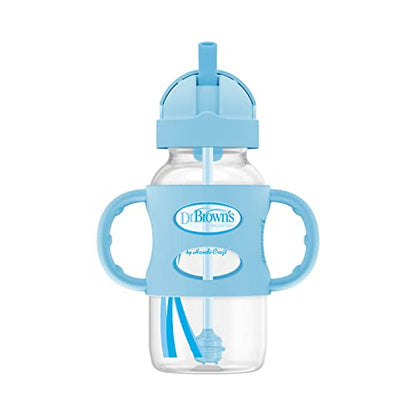 Dr. Brown's Milestones Wide-Neck Sippy Straw Bottle with 100% Silicone Handles and Weighted Straw, 9 oz/270 mL, Blue, 6m+ - color: Blue, size: 1 Count (Pack of 1)