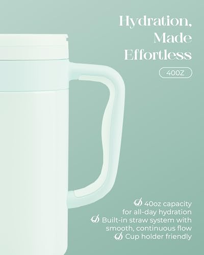 40 oz Insulated Tumbler with Handle and Push-Button Straw Lid, Stainless Steel Travel Cup for Gym Office, Leakproof, BPA-Free, Cup Holder Friendly, Bow Silicone Boot, Green (Morning Mist) - color: Morning Mist