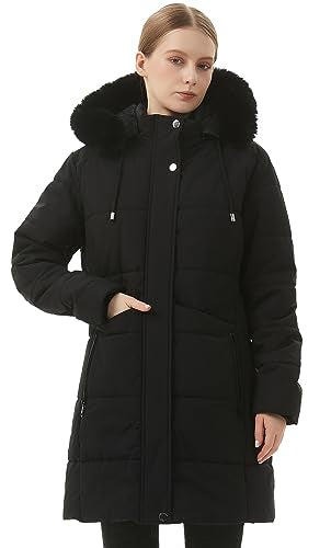 MOERDENG Women's Winter Puffer Coat Thicken Fleece Lined Down Jacket Waterproof Faux Fur Detachable Hooded Parka - color: Black, size: X-Large