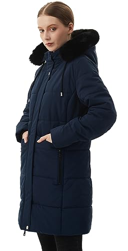 MOERDENG Women's Winter Puffer Coat Thicken Fleece Lined Down Jacket Waterproof Faux Fur Detachable Hooded Parka - color: Navy, size: Small