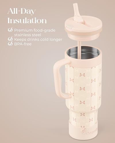 40 oz Insulated Tumbler with Handle and Push-Button Straw Lid, Stainless Steel Travel Cup for Gym Office, Leakproof, BPA-Free, Cup Holder Friendly, Bow Silicone Boot, Cream (Bow Cream) - color: Bow Cream