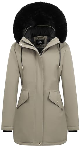 MOERDENG Women's Long Winter Down Coat Thicken Fleece Lined Parka Warm Puffer Jacket With Faux Fur Detachable Hood - color: Khaki, size: Medium