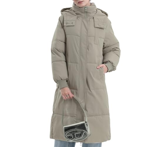 PUFFIT Long Puffer Jacket for Women,2024 Thickened Winter Coat Hooded with Deep Pockets, Ladies Warm Winter Jacket - color: Dark Taupe, size: Large