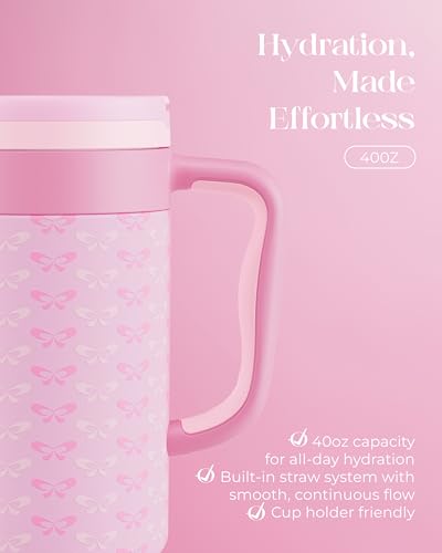 40 oz Insulated Tumbler with Handle and Push-Button Straw Lid, Stainless Steel Travel Cup for Gym Office, Leakproof, BPA-Free, Cup Holder Friendly, Bow Silicone Boot, Pink (Coquette Candy) - color: Coquette Candy
