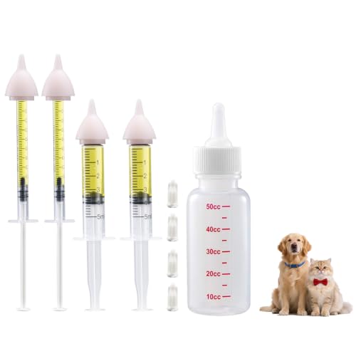 Pet Feeding Kit, Kitten Bottle Feeding Kit, Newborn Kitten Supplies, for Feeding Newborn Puppies, Kitten, Squirrel, Rabbit, Hamster, with 4 * Silicone Nipples,1 * Milk Bottles
