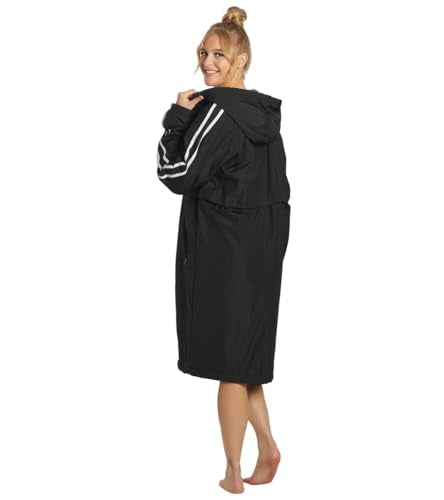Sporti Unisex Swim Parka with Comfort Plush Fleece Lining, Multi Pocket Zipper - Water Resistant Swim Coats for Women & Men - color: Striped - Black /Charcoal, size: Medium