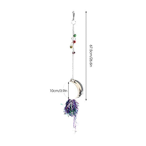 Pet Chicken Mirror Drum Toy, Double Side with Bells, Metal Wood Plastic Material, 3.9in Diameter, 26.6in Hanging Height, Random Sticker Pattern and Bell Color