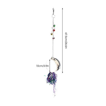 Pet Chicken Mirror Drum Toy, Double Side with Bells, Metal Wood Plastic Material, 3.9in Diameter, 26.6in Hanging Height, Random Sticker Pattern and Bell Color