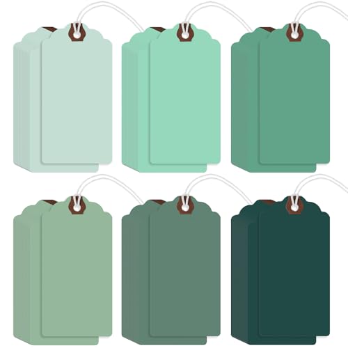 Outus 60 Pcs 4 3/4-in x 2 3/8-in Blank Large Paper Gift Tags with String and Reinforced Eyelet Wire Writable Price Tags Shipping Labels Inventory Labels(Gradient Green) - color: Gradient Green