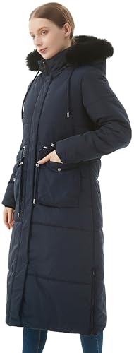 MOERDENG Women's Long Winter Puffer Coat Waterproof Warm Maxi Down Jacket Faux Fur Removable Hood Parka - color: Navy, size: Medium